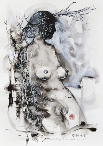 Girl Masked by a Transparent Gray Gauze Costume