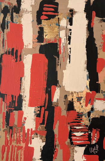 "Abstract 3", bold crimson gestures fracture textured fields of black, ivory, and gold.