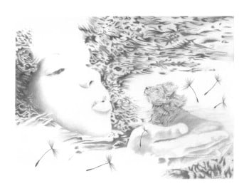 Child Holding Lion Wildlife Nature Fantasy 12"x9" Graphite and Charcoal Drawing Titled "Daydreaming"