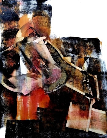 Descent blends warm tones with stark black and white areas to create a compelling visual.