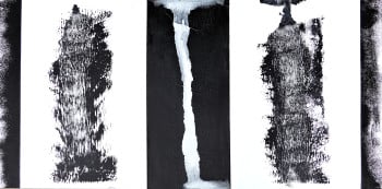 "Falling" features a triptych of vertical forms, each with a distinct texture and presence.