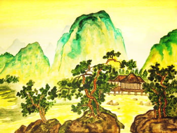 Green hills on yellow sky