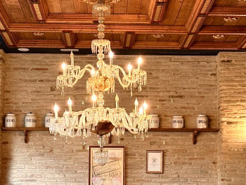 Antique Crystal Chandlier and Interior Decor in Old Italian Restaurant