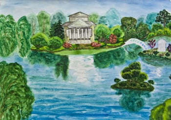White palace with park and lake