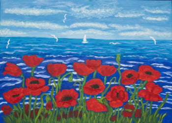 Red poppies with sea