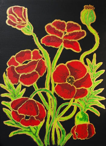 Red poppies with gold on black 2