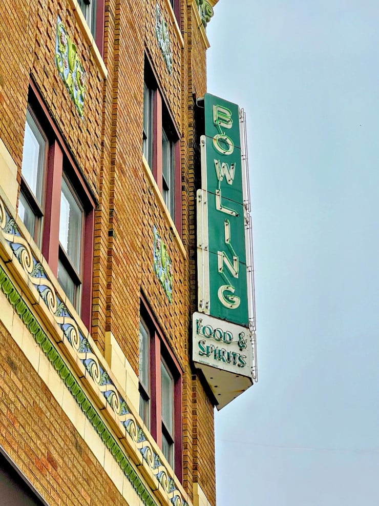Old School Urban  Neon Bowling Sign on an Art Deco Building
