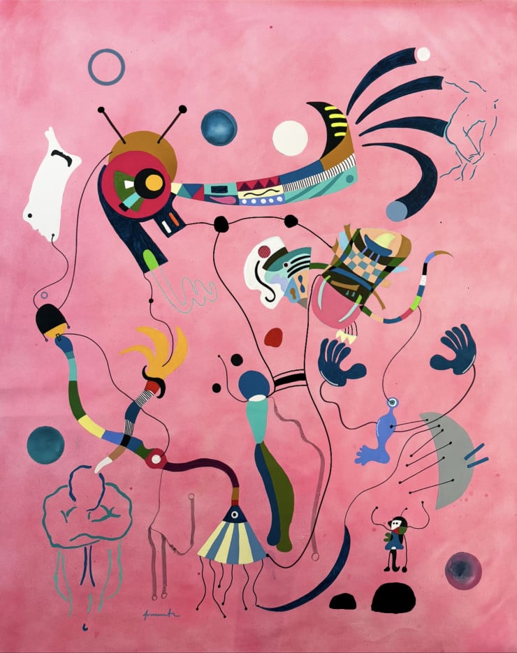 Journey in Pink maps memory, intuition, and transformation through playful symbols suspended across vivid space.
